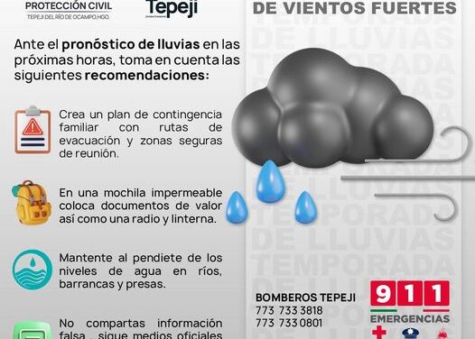 Ante el pronóstico de lluvias PC Tepeji emite recomendaciones a la población para prevenir incidentes