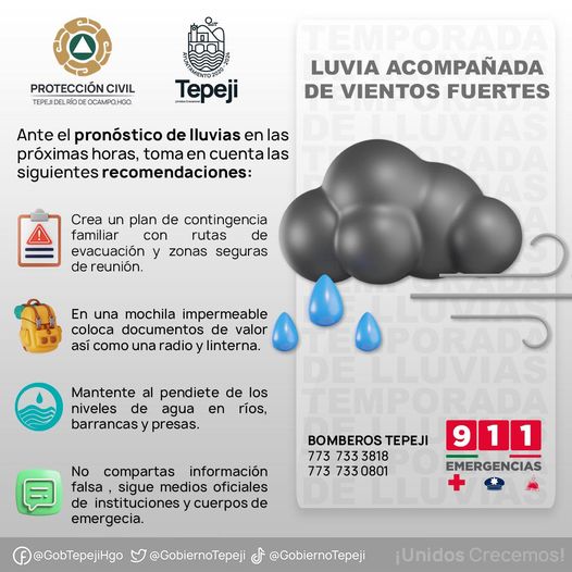 Ante el pronóstico de lluvias PC Tepeji emite recomendaciones a la población para prevenir incidentes