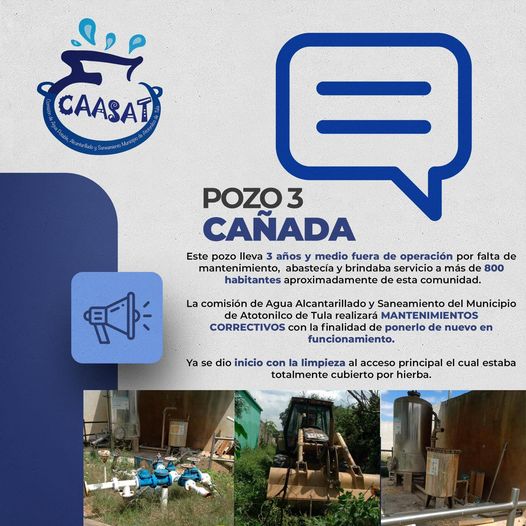 CAASAT realizará mantenimiento correctivo al pozo 3 Cañada