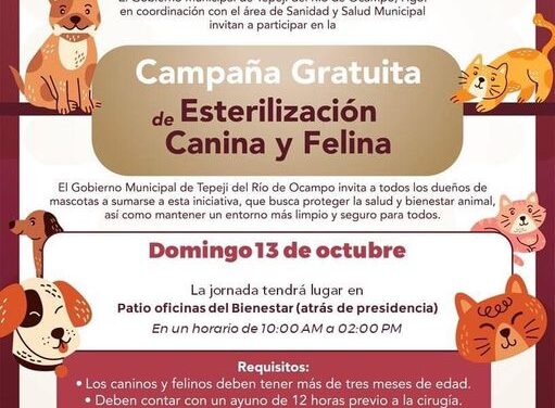 El Gobierno Municipal de Tepeji realizará campaña de esterilización gratuita