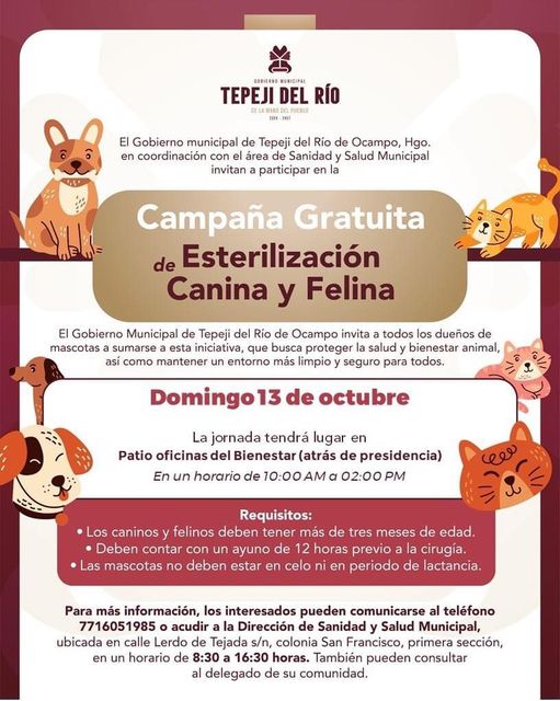 El Gobierno Municipal de Tepeji realizará campaña de esterilización gratuita