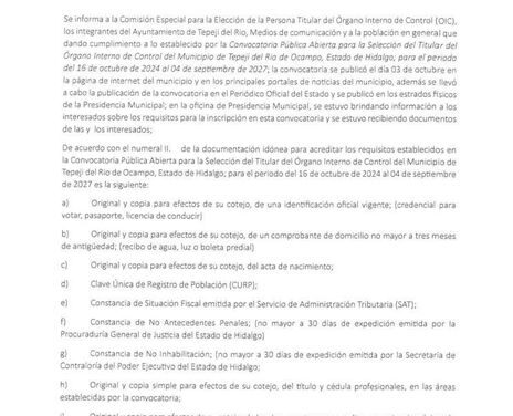 Informe de aspirantes para la elección de la persona titular del OIC del Municipio de Tepeji