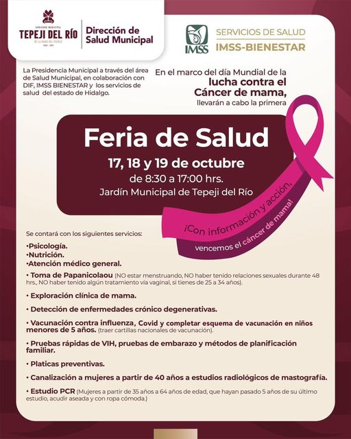 ¡#TepejiDelRío, te invita a la Primera Feria de la Salud en el marco del Día Mundial de la Lucha Contra el Cáncer de Mama!