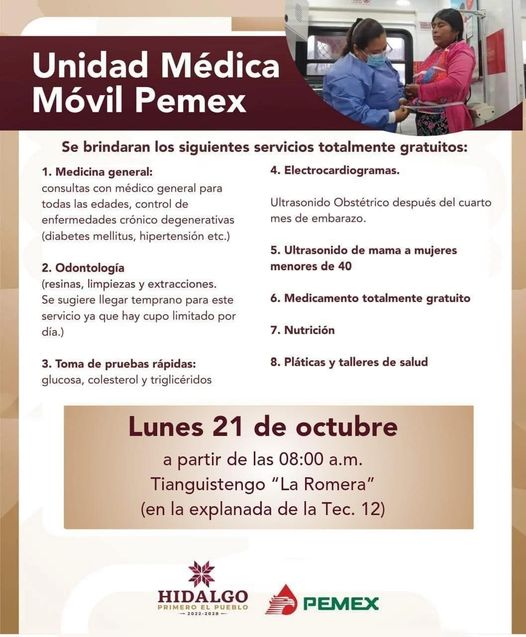 Recuerda que la Unidad Médica Móvil de Pemex está dando servicio en la colonia Tianguistengo