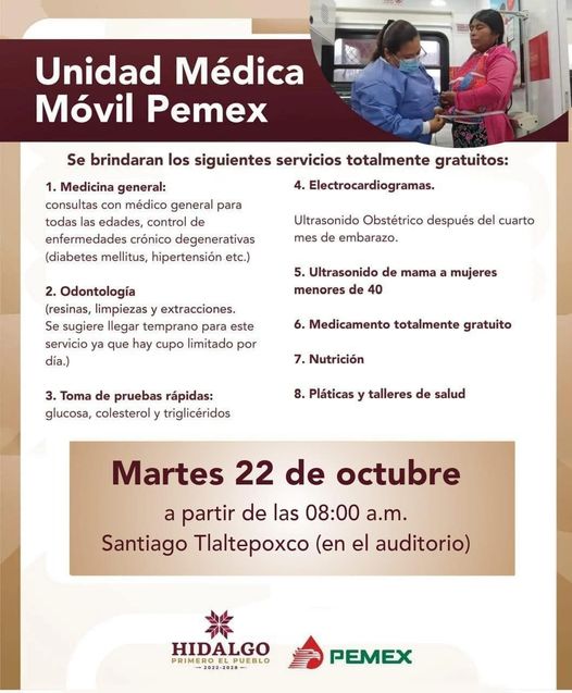 La Unidad Médica Móvil de PEMEX dará servicio en la comunidad de 𝐒𝐚𝐧𝐭𝐢𝐚𝐠𝐨 𝐓𝐥𝐚𝐥𝐭𝐞𝐩𝐨𝐱𝐜𝐨