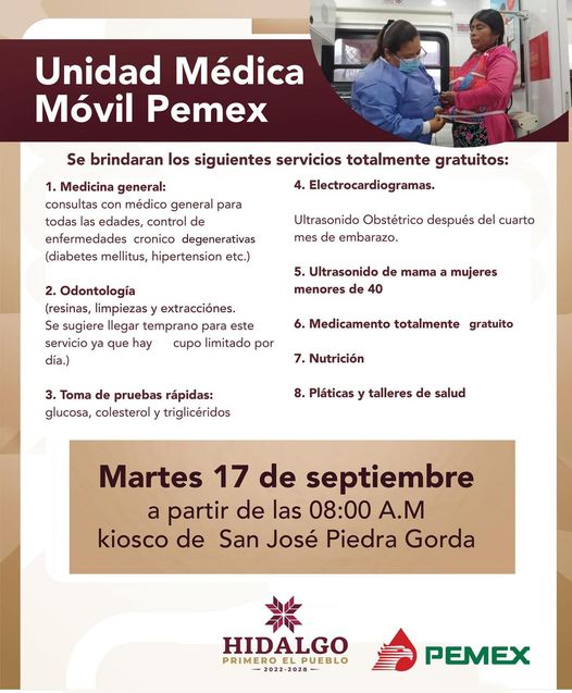 El día de mañana, la Unidad Médica de PEMEX, estará instalada en la comunidad de San José Piedra Gorda en #Tepeji.