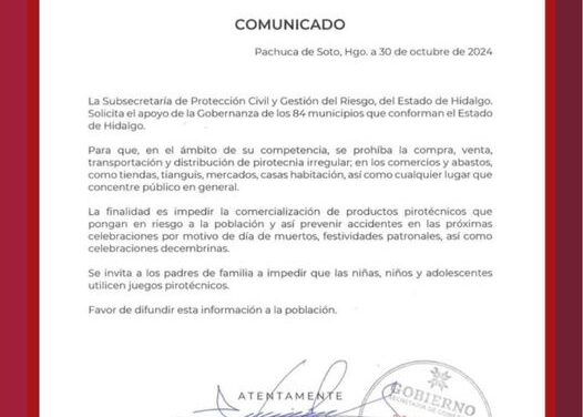 El gobierno de #AtotonilcoDeTula comparte el siguiente COMUNICADO emitido por la Subsecretaría de Protección Civil y Gestión del Riesgo, del Estado de Hidalgo