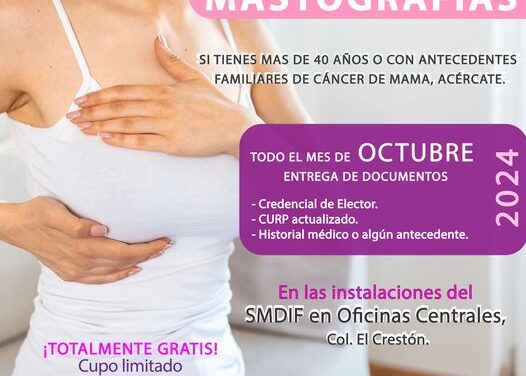 El Sistema DIF Municipal de Tula invita a las mujeres a participar en la campaña de “Mastografías gratuitas” durante el mes de octubre.