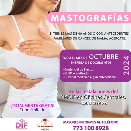 El Sistema DIF Municipal de Tula invita a las mujeres a participar en la campaña de “Mastografías gratuitas” durante el mes de octubre.