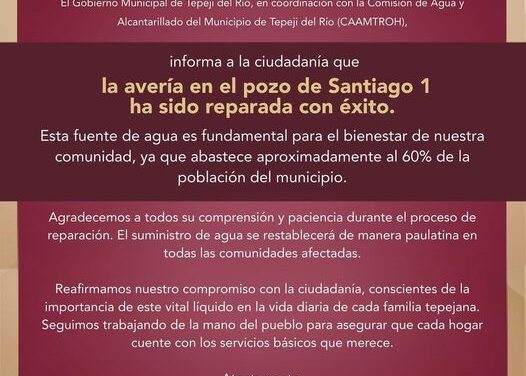 Restablecen suministro de agua potable en Tepeji del Río