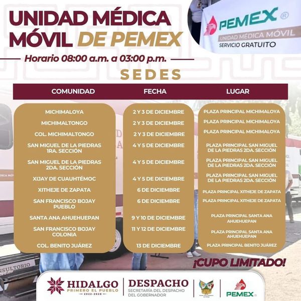 Del 2 al 13 de diciembre, la unidad móvil médica de PEMEX llegará al municipio de #TulaDeAllende.