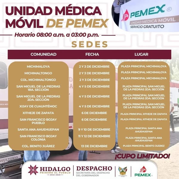 Del 2 al 13 de diciembre, la unidad móvil médica de PEMEX estará en el municipio de #TulaDeAllende.