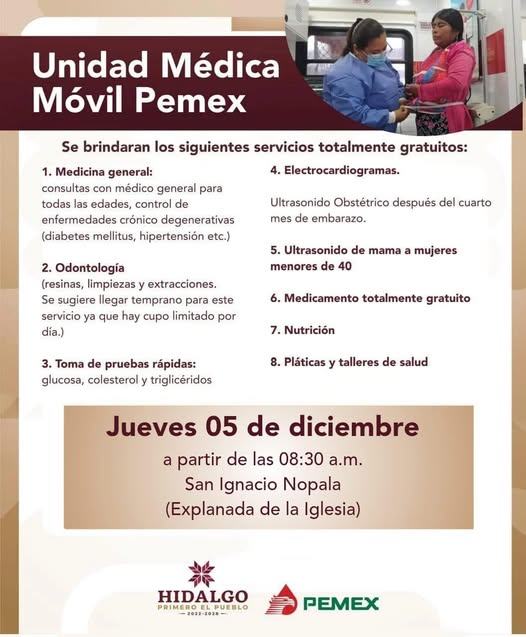 La Unidad Médica Móvil de Pemex estará en San Ignacio Nopala