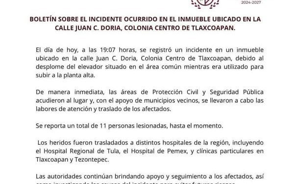 BOLETÍN SOBRE EL INCIDENTE OCURRIDO EN EL INMUEBLE UBICADO EN LA CALLE JUAN C. DORIA, COLONIA CENTRO DE TLAXCOAPAN.