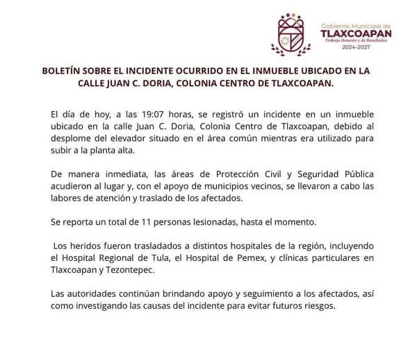 BOLETÍN SOBRE EL INCIDENTE OCURRIDO EN EL INMUEBLE UBICADO EN LA CALLE JUAN C. DORIA, COLONIA CENTRO DE TLAXCOAPAN.