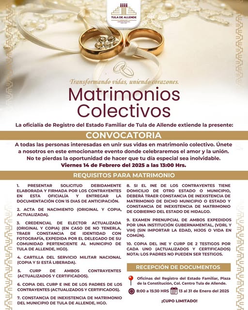 El Gobierno Municipal de Tula de Allende te invita a ser parte de los “Matrimonios Colectivos”