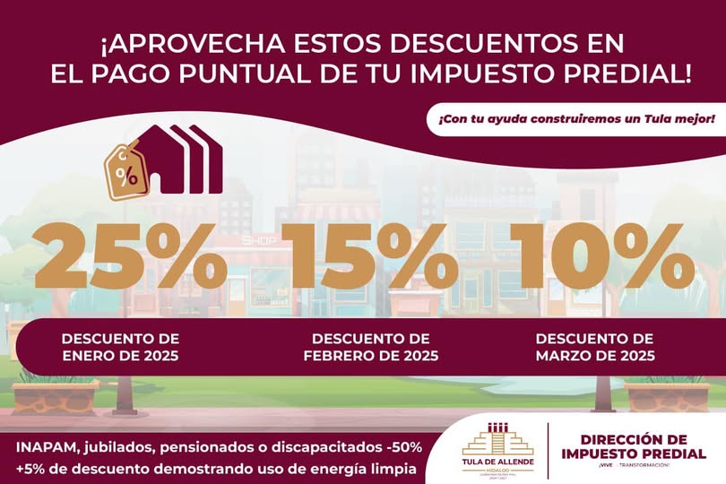 Recuerda que ya puedes realizar el pago del impuesto predial, aprovecha los descuentos que tenemos para ti en los primeros tres meses del año: