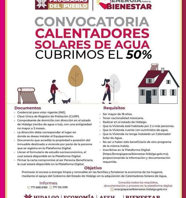 Continúa la convocatoria para calentadores solares de agua, como parte del programa Energía Para el Bienestar.