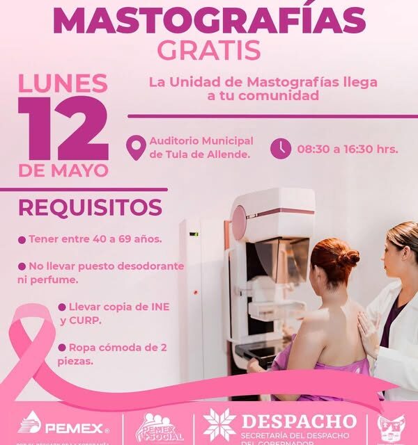 El gobierno de #TulaDeAllende invita a la jornada de mastografías completamente GRATIS, proyecto impulsado por el Despacho del Gobernador.