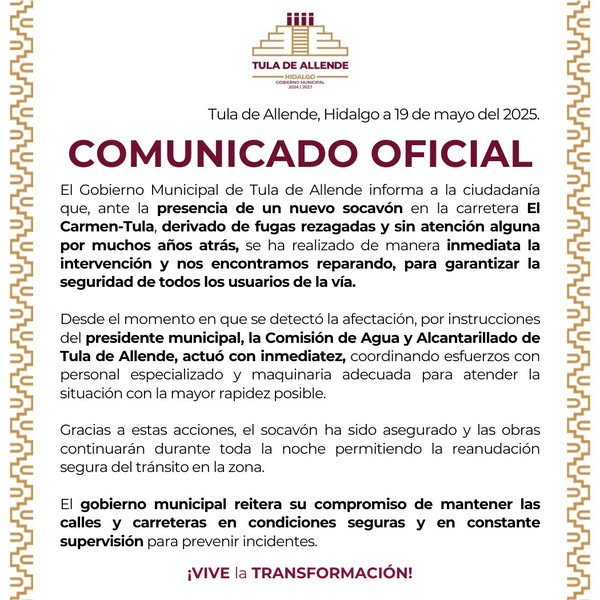 Comunicado oficial Gobierno de Tula de Allende