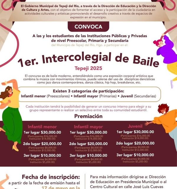 El gobierno de #TepejiDelRío invita a participar en el 1er Intercolegial de baile.