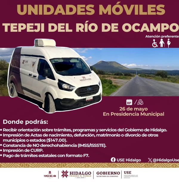 UNIDADES MÓVILES LLEGAN A TEPEJI DEL RÍO PARA ACERCAR TRÁMITES Y SERVICIOS A LA CIUDADANÍA