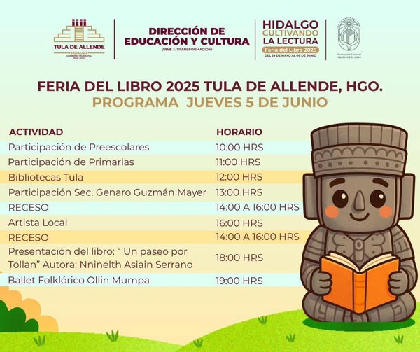No te pierdas las actividades para el día de hoy, en el marco de la #FeriaDelLibro2025 en #TulaDeAllende.