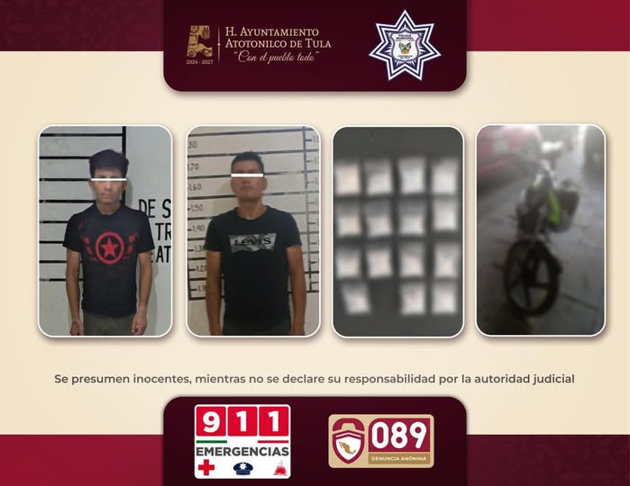 DETIENEN EN ATOTONILCO DE TULA A DOS PERSONAS: UNA POR CONDUCIR MOTOCICLETA CON REPORTE DE ROBO Y OTRA POR POSESIÓN DE PRESUNTA DROGA