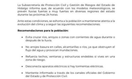 La Subsecretaría de Protección Civil y Gestión de Riesgos del Estado de Hidalgo informa