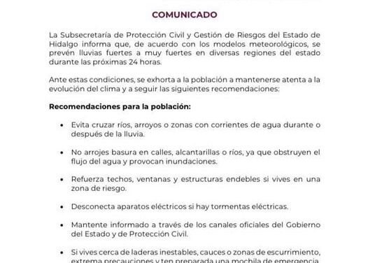 La Subsecretaría de Protección Civil y Gestión de Riesgos del Estado de Hidalgo informa