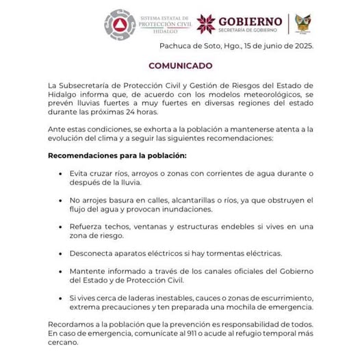 La Subsecretaría de Protección Civil y Gestión de Riesgos del Estado de Hidalgo informa