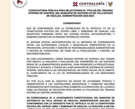 CONVOCATORIA PÚBLICA PARA SELECCIONAR AL TITULAR DEL ÓRGANO INTERNO DE CONTROL DEL MUNICIPIO DE ATOTONILCO DE TULA ESTADO DE HIDALGO, ADMINISTRACIÓN 2024-2027.