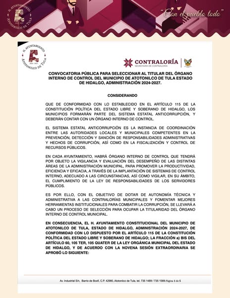 CONVOCATORIA PÚBLICA PARA SELECCIONAR AL TITULAR DEL ÓRGANO INTERNO DE CONTROL DEL MUNICIPIO DE ATOTONILCO DE TULA ESTADO DE HIDALGO, ADMINISTRACIÓN 2024-2027.