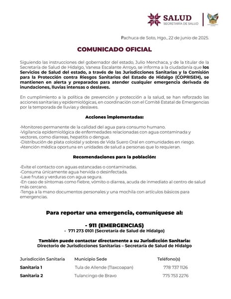 Comunicado oficial | Secretaría de Salud de Hidalgo
