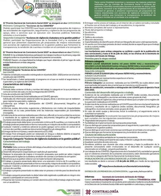 Invitan a participar en la etapa estatal del Premio Nacional de Contraloría Social 2025