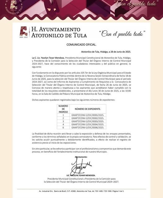 ATENCIÓN aspirantes seleccionados de la Convocatoria pública para la selección del Titular del Órgano Interno de Control Municipal 2024 – 2027 de #AtotonilcoDeTula: