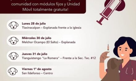 Recuerda que HOY habrá jornada de vacunación antirrábica en la explanada de Tlaxinacalpan en #TepejiDelRío.