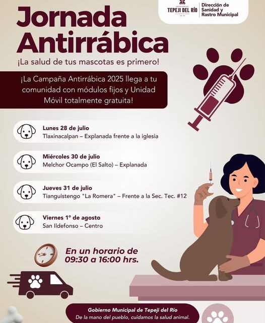 Recuerda que HOY habrá jornada de vacunación antirrábica en la explanada de Tlaxinacalpan en #TepejiDelRío.