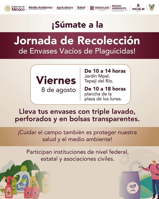 Mañana habrá Jornada de Recolección de Envases Vacíos de Plaguicidas en Tepeji del Río