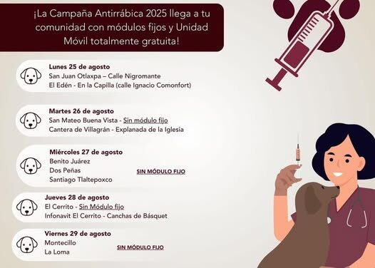 Mañana habrá Jornada de #VacunaciónAntirrábica en #SanJuanOtlaxpa y #ElEdén.
