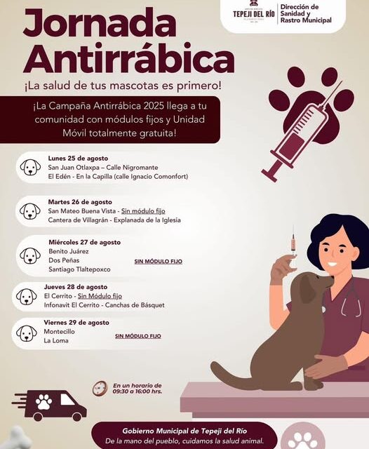 HOY miércoles habrá Jornada de vacunación #antirrábica en #BenitoJuárez #DosPeñas y #SantiagoTlaltepoxco.