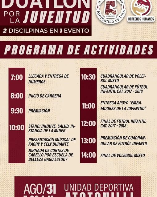 Programa de actividades del Duatló de la Juventud en Atotonilco de Tula