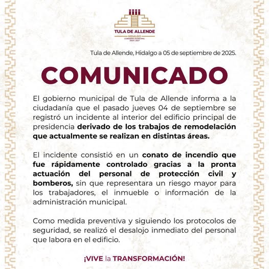 El gobierno de Tula de Allende emite el siguiente comunicado