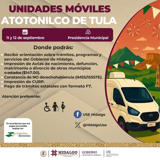 Este 11 y 12 de septiembre, la Unidad Móvil de servicios estatales estará en Atotonilco de Tula