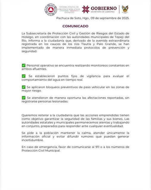 Aviso a la población de Tepeji del Río