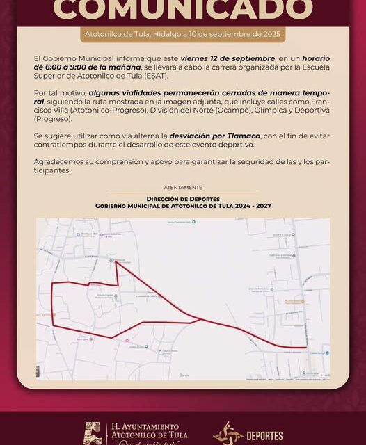 Cierre de vialidades en 𝐀𝐭𝐨𝐭𝐨𝐧𝐢𝐥𝐜𝐨 𝐝𝐞 𝐓𝐮𝐥𝐚 por Carrera ESAT 5KM