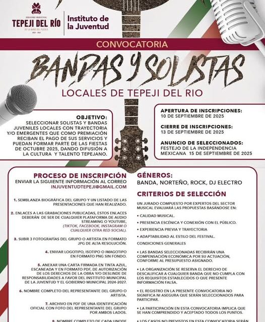 Convocatoria para solistas y bandas locales de Tepeji del Río