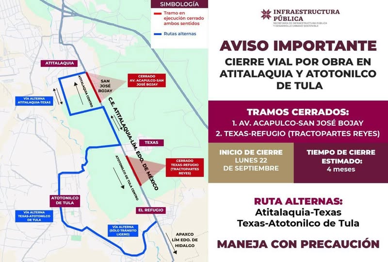 CIERRE VIAL POR OBRA EN ATITALAQUIA Y ATOTONILCO DE TULA