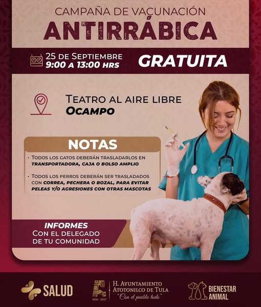 Habrá campaña de Vacunación Antirrábica gratuita en Ocampo