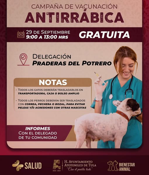 Habrá campaña de vacunación antirrábica en Praderas del Potrero